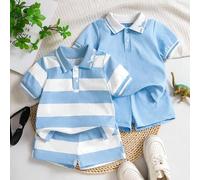 Shein Set de 4 piezas de ropa casual de verano para niño pequeño, que incluye top con cuello polo a rayas y bloques de color con estampado de dinosaurios, y