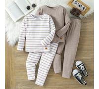 Shein Set de 4 piezas de ropa casual y cómoda para niños, que incluye 2 estilos: 1 suéter holgado de cuello redondo con parches a rayas y 1 pantalón de punt