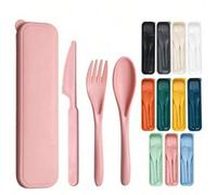 Shein Set de 4 piezas de utensilios de viaje reutilizables con caja, tenedor, cuchara y cuchillo de plástico portátil, juego de cubiertos para camping, uten