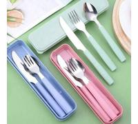 Shein Set de 4 piezas de utensilios de viaje reutilizables con caja, tenedor, cuchara y cuchillo de plástico portátil, juego de cubiertos para camping, uten
