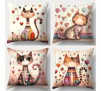 Shein Set de 4 piezas, Funda de cojín de sofá, Funda de cojín con gatitos enamorados, 44,96 cm * 44,96 cm, impresión de un solo lado, decoración del hogar,