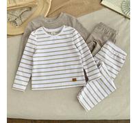 Shein Set de 4 piezas para bebé niño de otoño/invierno, incluye camiseta de manga larga con cuello redondo y pantalones de pijama a rayas en color café con
