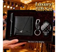 Shein Set de 4 piezas para hombres: Reloj de cuarzo con esfera redonda y puntero, cartera, bolígrafo y llavero de cuero PU, adecuado para uso diario, gran r