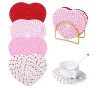 Shein Set de 4 posavasos con forma de corazón para el Día de San Valentín, posavasos tejidos a mano con forma de corazón de color rosa y rojo, posavasos abs