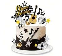 Shein Set de 45 piezas de decoración de pastel con tema de música de guitarra, patrón de notas musicales y guitarra, bola de espejo disco, adornos de pastel