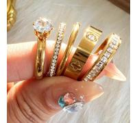 Shein Set de 5 anillos de acero inoxidable chapados en oro de 18K, de moda en 2026. Adecuado para bodas, compromisos, promesas, novias, aniversarios. Regalo