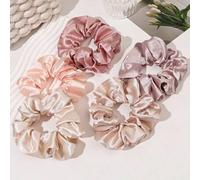 Shein Set de 5 coleteros de satén de tono rosa con lazo grande, estilo dulce, sujetadores de coleta, accesorios de pelo rosa, lazos de pelo, accesorios casu