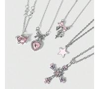 Shein Set de 5 collares decorativos con forma de corazón de cristal, cruz, mariposa, corazón y lazo estrella con estilo Y2K, collares gargantilla brillantes