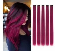 Shein Set de 5 extensiones de cabello de fibra sintética en tonos púrpura-rojo, que se pueden usar para diferentes peinados sin ir al salón, adecuadas para