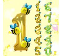 Shein Set de 5 globos con diseño de abeja, que incluye globos de números de 40 pulgadas de color dorado y verde claro, y globos pequeños de dibujos animados