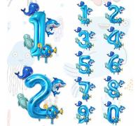 Shein Set de 5 globos gigantes con números del 0 al 9 de 40 pulgadas en azul + Mini globos con diseños de animales marinos, adecuado para decoración de fies