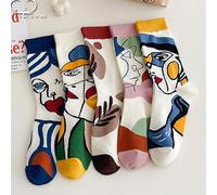 Shein Set de 5 pares de calcetines de media caña con estampado de líneas y rostros coloridos para hombres, otoño