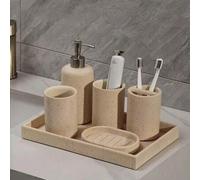 Shein Set de 5 piezas de accesorios de baño de estilo vintage con piedras amarillas, de estilo moderno, que incluye dispensador de jabón, vaso de enjuague,