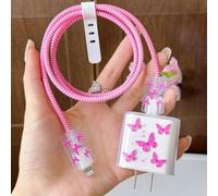 Shein Set de 5 piezas de accesorios de carga con estampado de mariposa rosa intenso - Cargador de 20W/18W, protector de cable de carga, cubierta del cabezal