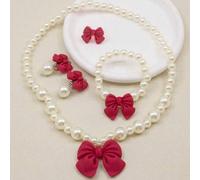 Shein Set de 5 piezas de accesorios de joyería para niñas, incluyendo collar, pulsera, anillo, clip para el cabello y pendientes con lazos y cuentas