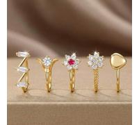 Shein Set de 5 piezas de anillos de nariz de lujo chapados en oro de latón, con rubíes rojos incrustados/circonita cúbica blanca con diseño de flor 3D retor