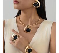 Shein Set de 5 piezas de joyas geométricas con gemas doradas que incluye aretes, collar, pulsera y anillo, regalo para mujeres, adecuado para turismo, expos