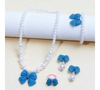 Shein Set de 5 piezas de joyería para niñas con colgante de lazo, pulsera, aretes y anillo, joyería infantil encantadora con cuentas, adecuada como regalo p