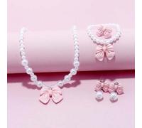 Shein Set de 5 piezas de joyería para niñas con collar, pulsera, aretes y anillo con colgante de lazo, joyería encantadora con cuentas, adecuado como regalo