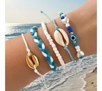 Shein Set de 5 piezas de pulseras artesanales con cuentas de conchas marinas, pulsera a juego con perlas falsas y Charm de ojo malvado y corazón, conjunto d
