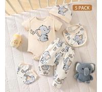 Shein Set de 5 piezas de ropa de verano para bebé niña recién nacida, incluye body suave con estampado de elefante, pantalones con estampado total, gorro, b
