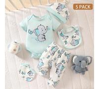 Shein Set de 5 piezas de ropa de verano para bebé niña recién nacida, incluye body suave con estampado de elefante, pantalones con estampado total, gorro, b