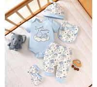 Shein Set de 5 piezas de ropa de verano para bebé niño recién nacido, incluye body suave con estampado de oso, pantalones con estampado total, gorro, babero