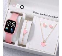 Shein Set de 5 piezas Reloj electrónico cuadrado y colorido con display digital, ideal para niñas, incluye collar, pulsera y aretes en forma de corazón, per