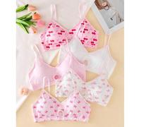 Shein Set de 5 sujetadores dulces con estampados minimalistas de flores, cerezas y lazos para adolescentes, con almohadillas desmontables