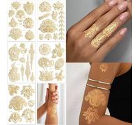 Shein Set de 5 tatuajes temporales de oro metálico - Diseños vintage de henna floral, pegatinas de arte corporal resistentes al agua para brazos, espalda, d