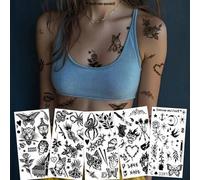 Shein Set de 5 tatuajes temporales negros - Escorpión, araña, luna, golondrina, mariposa, gato, flor, letra, diseños de serpiente para pierna, pies, clavícu