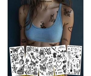 Shein Set de 5 tatuajes temporales negros - Escorpión, araña, luna, golondrina, mariposa, gato, flor, letra, diseños de serpiente para pierna, pies, clavícu