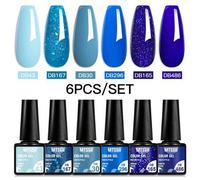 Shein Set de 6 esmaltes de uñas de gel azul brillante con purpurina. Esmalte de uñas de gel semi-permanente con purpurina, para arte de uñas LED UV, suminis