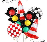 Shein Set de 6 globos con temática de carrera de autos, incluye semáforo, barrera, globos a cuadros, adecuado para fiesta con temática de carreras de autos