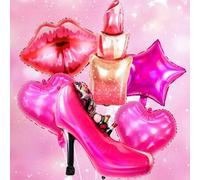 Shein Set de 6 globos con temática de maquillaje, incluye tacón alto, labios rojos, lápiz labial, estrella fucsia y globos de helio con forma de corazón, ad