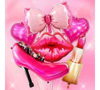 Shein Set de 6 globos con temática de maquillaje, incluye zapatos de tacón alto, labios rojos, lápiz labial, moño, globos de corazón de papel de aluminio, a