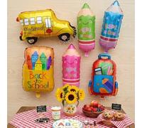 Shein Set de 6 globos de decoración para fiesta de vuelta al colegio, con forma de lápiz rosa/verde/azul, autobús escolar, caja de crayones, mochila, adecua