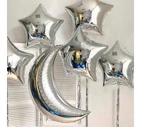 Shein Set de 6 globos, que incluye 1 globo con forma de luna plateada de 28 pulgadas, 1 globo de estrella/corazón de 5 puntas de 18 pulgadas, ideal para cum