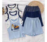Shein Set de 6 piezas de chaleco y pantalones cortos de verano para niños pequeños, con estilo sencillo y patrones divertidos de cohetes y excavadoras, de t