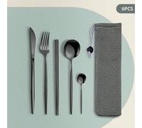 Shein Set de 6 piezas de cubertería portátil de acero inoxidable estilo portugués que incluye cuchillo, tenedor, cuchara, cuchara de postre, palillos y bols