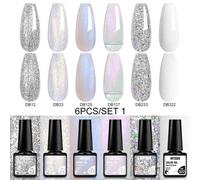 Shein Set de 6 piezas de esmalte de uñas en gel, 6 colores, kit de uñas con brillo, barniz semi-permanente, base y top coat, juego de esmaltes en gel UV LED