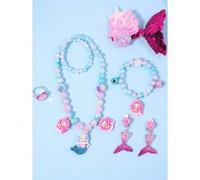 Shein Set de 6 piezas de joyería con collar con cuentas de arcoíris colorido, colgante de sirena, pulsera, aretes, pasador para el cabello y anillo, adecuad