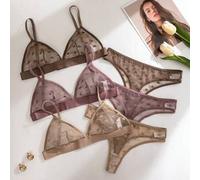 Shein Set de 6 piezas de lencería con sujetador triangular sin aros, de malla jacquard transparente con diseño de corazones, para el Día de San Valentín