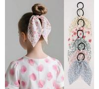 Shein Set de 6 piezas de pañuelo triangular de tela con estampado floral y scrunchies para el cabello para niñas, adecuado para decoración diaria, atuendo d