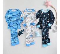 Shein Set de 6 piezas de pijama ajustado para niños pequeños, con estampados de dinosaurios de dibujos animados, tiburones del océano azul, cohetes y planet