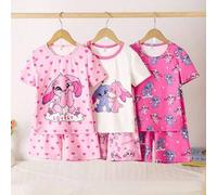 Shein Set de 6 piezas de pijama de punto de manga corta y pantalón corto con cuello redondo para niña grande, con diseño de conejo bicolor azul y magenta, r