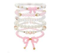 Shein Set de 6 piezas de pulseras con cuentas de perlas simuladas, cristal, moño rosa y blanco, accesorios para niñas, joyería de para fiestas