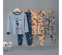 Shein Set de 6 piezas de ropa interior de algodón con estampados de dinosaurios, cohetes y excavadoras para niños, conjunto de pijama con top de manga larga