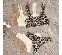 Shein Set de 6 piezas de ropa interior de mujer con sujetador sin aros y tanga de cintura baja con estampado de leopardo, cómodo y minimalista