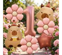 Shein Set de 7 globos de lámina con tema de capibara, incluye globos de números opcionales del 1 al 9 en color chocolate, globos con forma de capibara de di